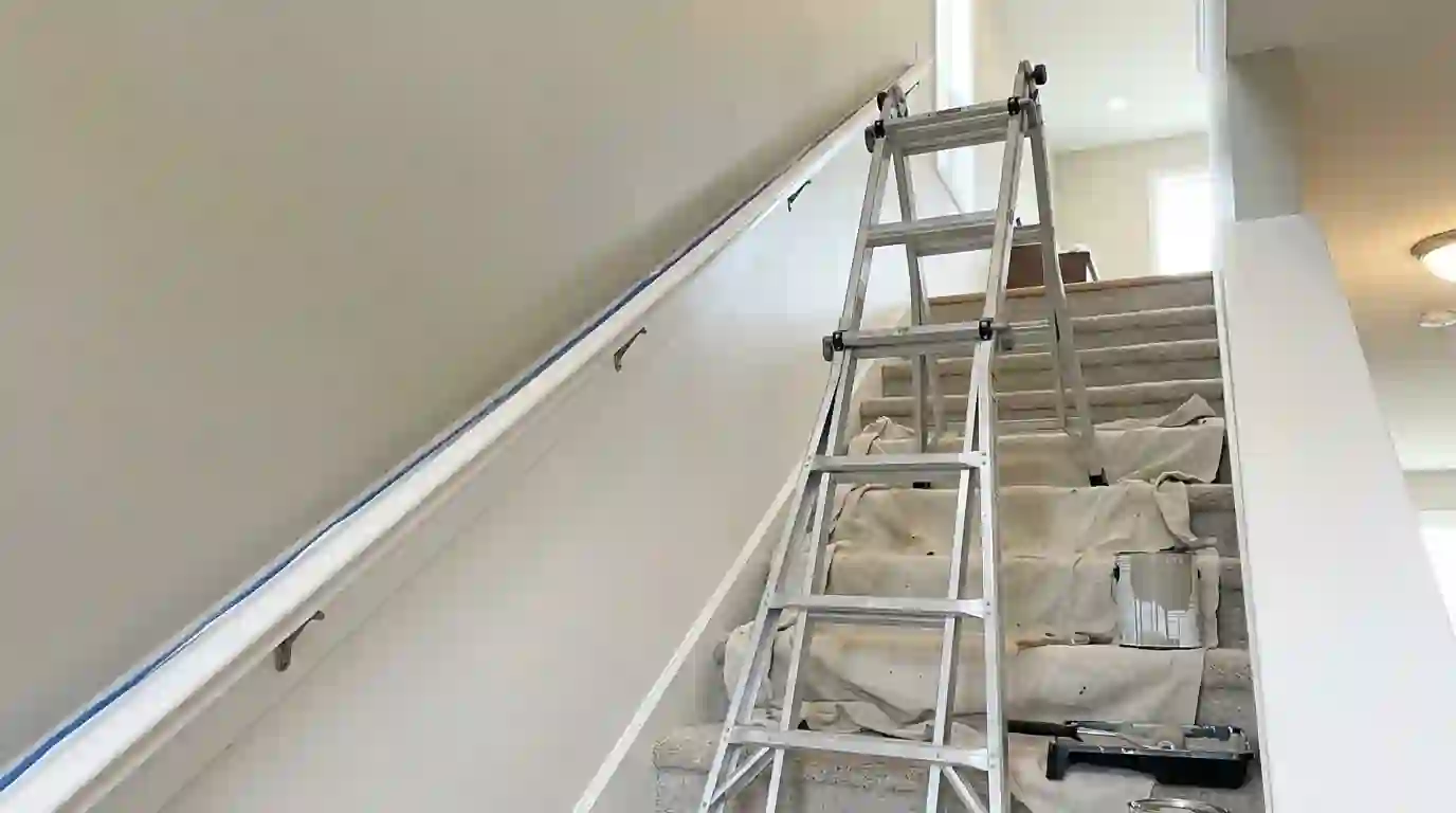 Stairwell wall half painted above a white handrail