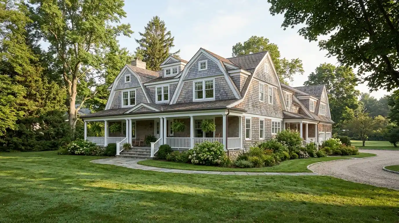 Shingle-style house with gray shingles and white trim