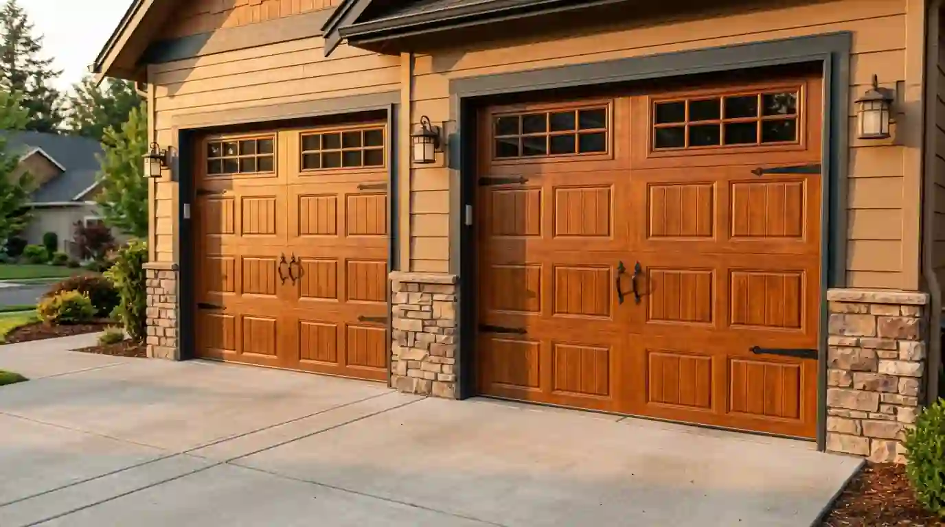 Wood carriage garage doors with a fresh cedar-toned stain