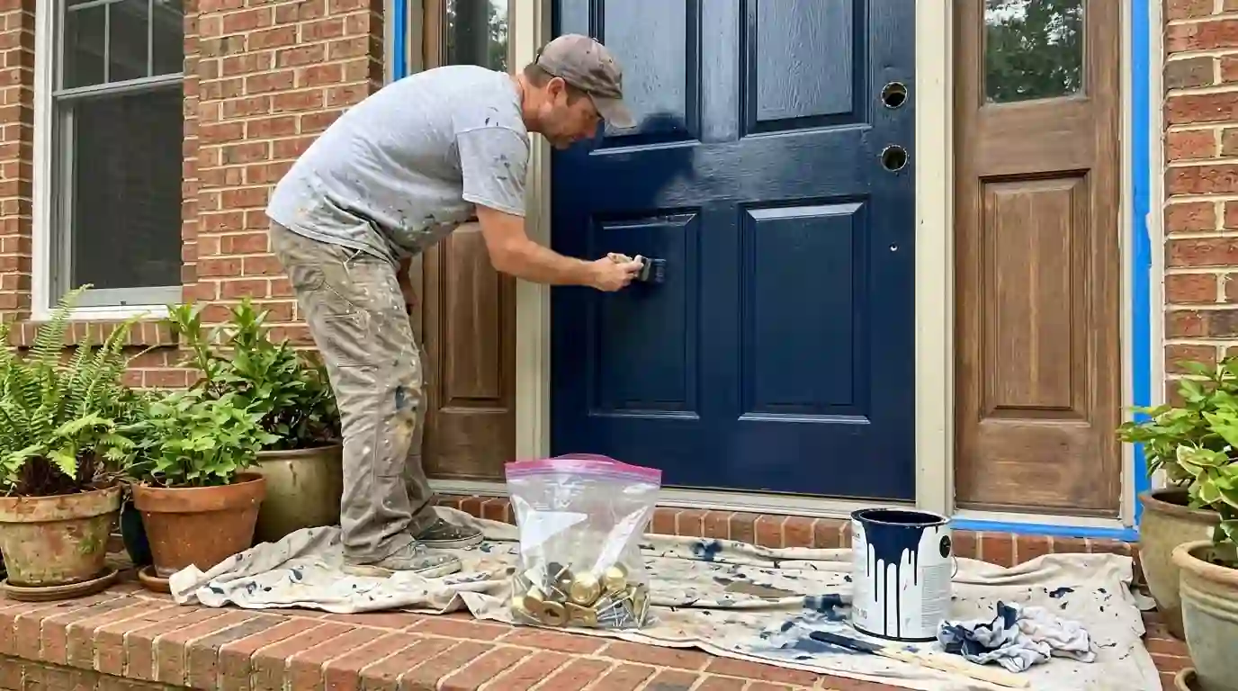 Painter brushing navy enamel onto a paneled front door