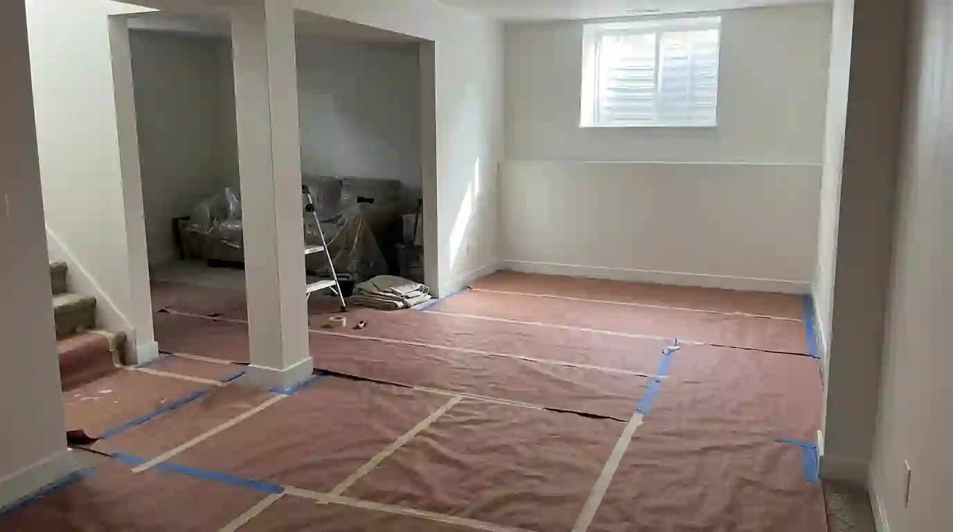 Basement rec room with freshly painted soft white drywall