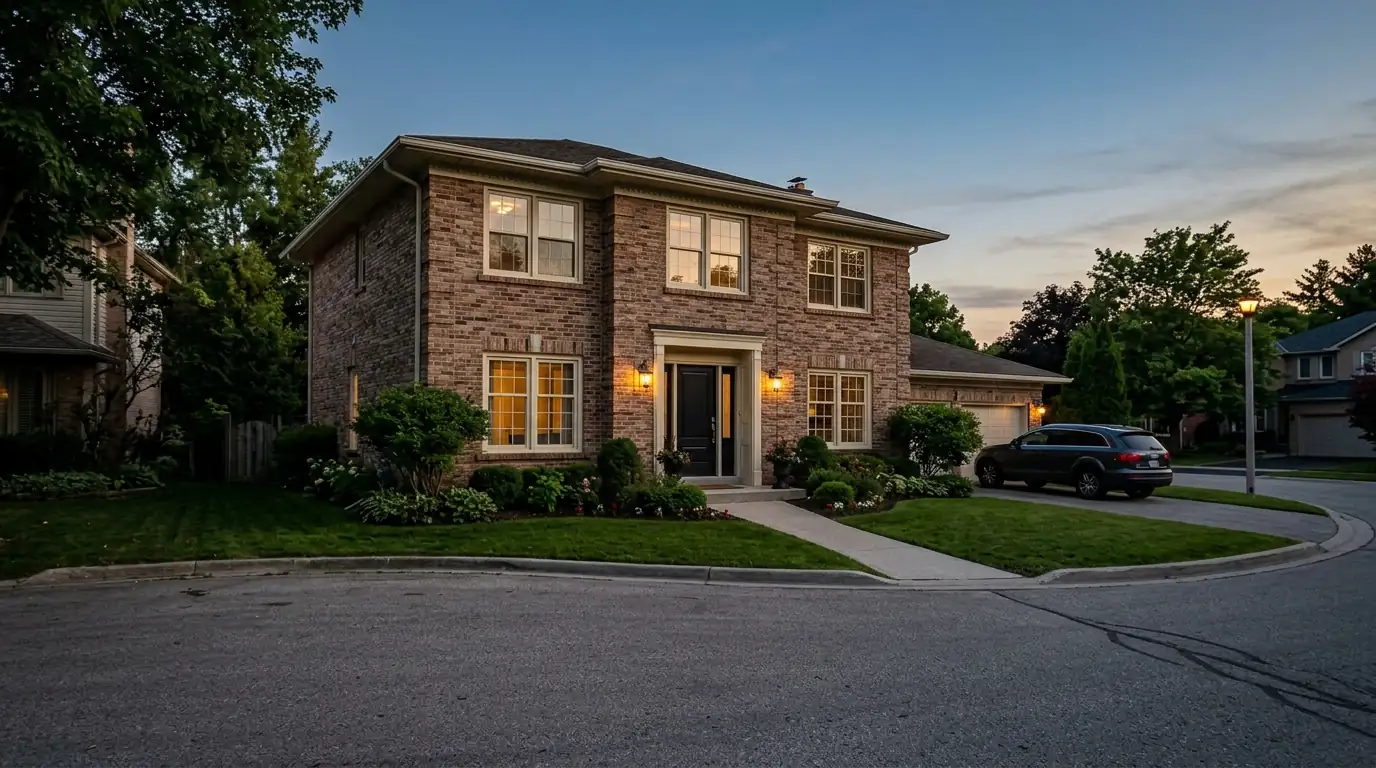Brick two-story home with cream trim on a cul-de-sac