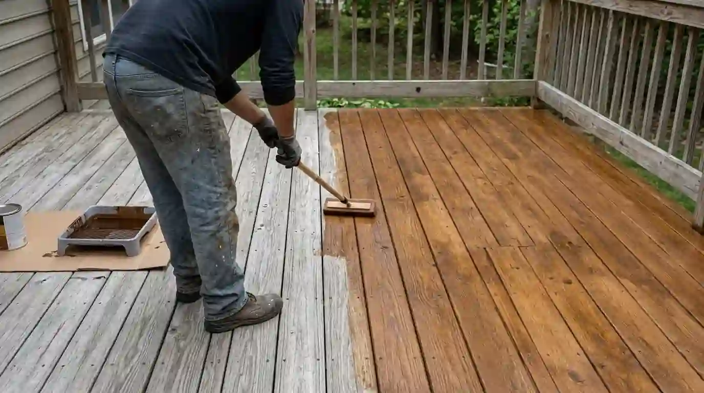 Painter staining weathered deck boards with a pad