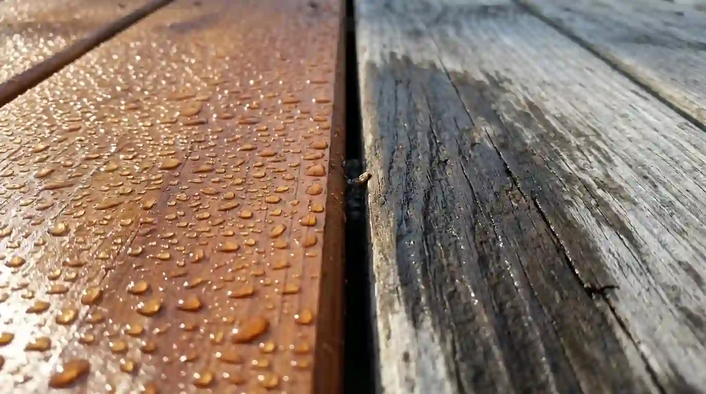Water beading on stained deck boards beside weathered wood