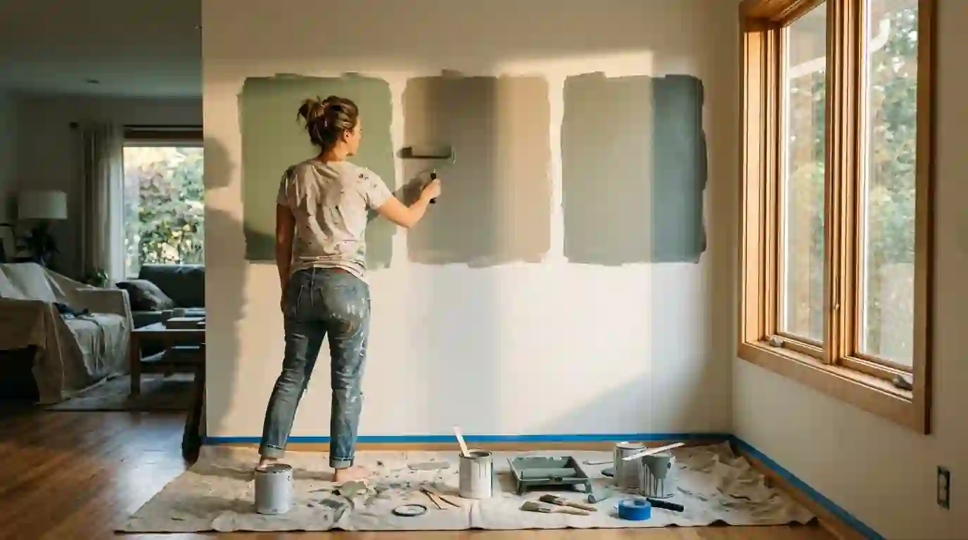 Three large color samples rolled onto a living room wall