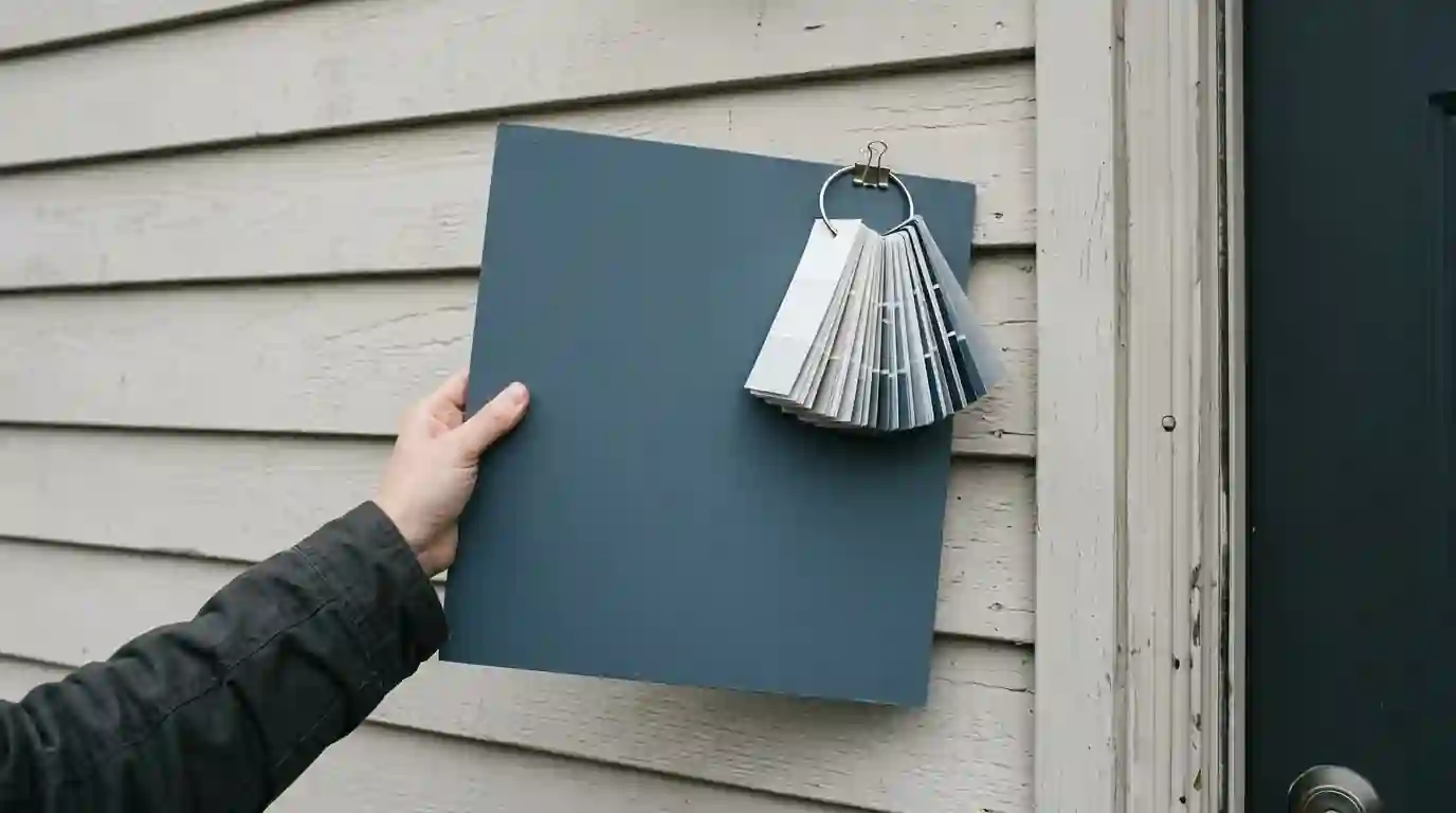 Color sample board held against townhome siding