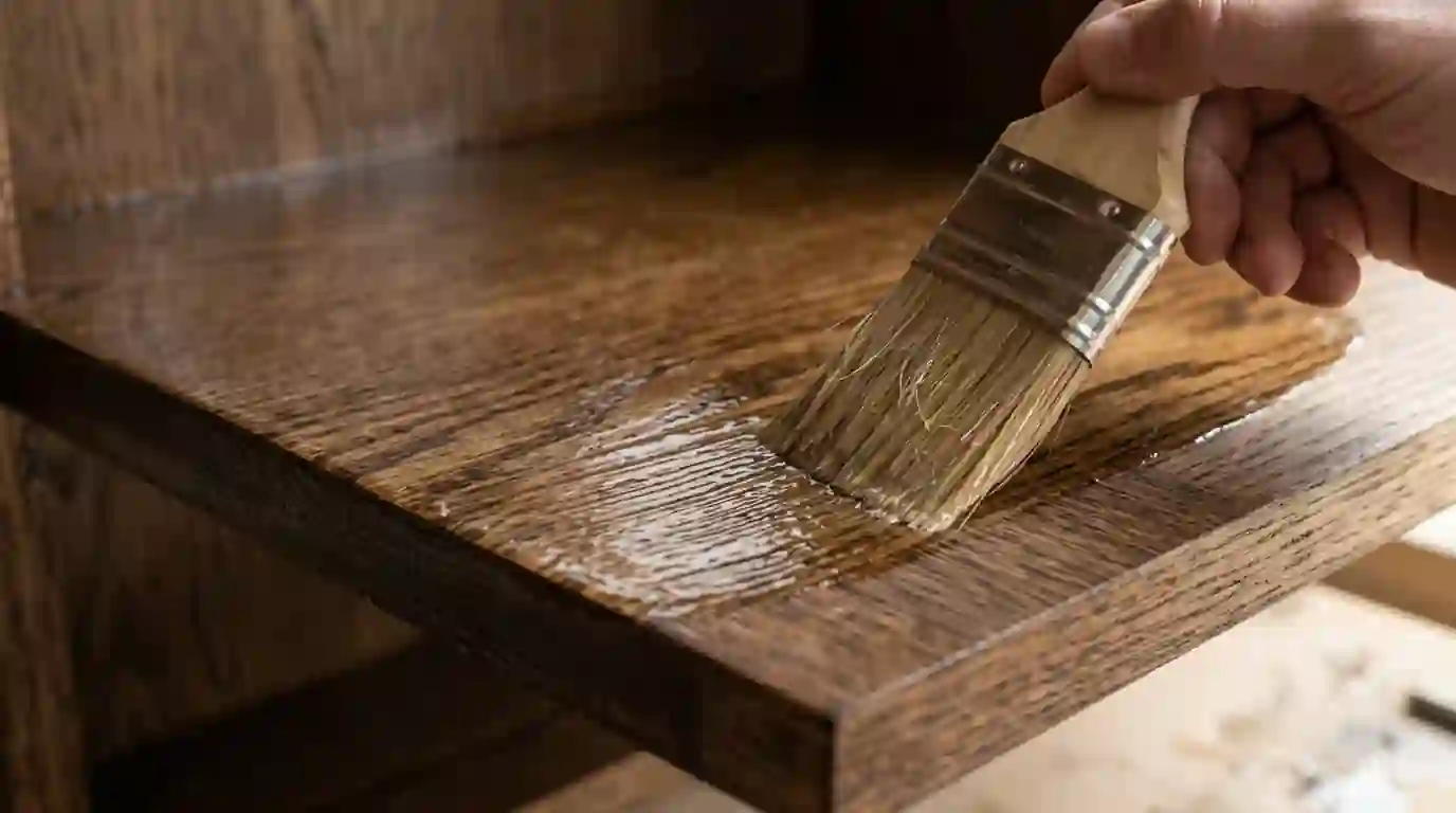 Clear coat being brushed onto a stained oak shelf