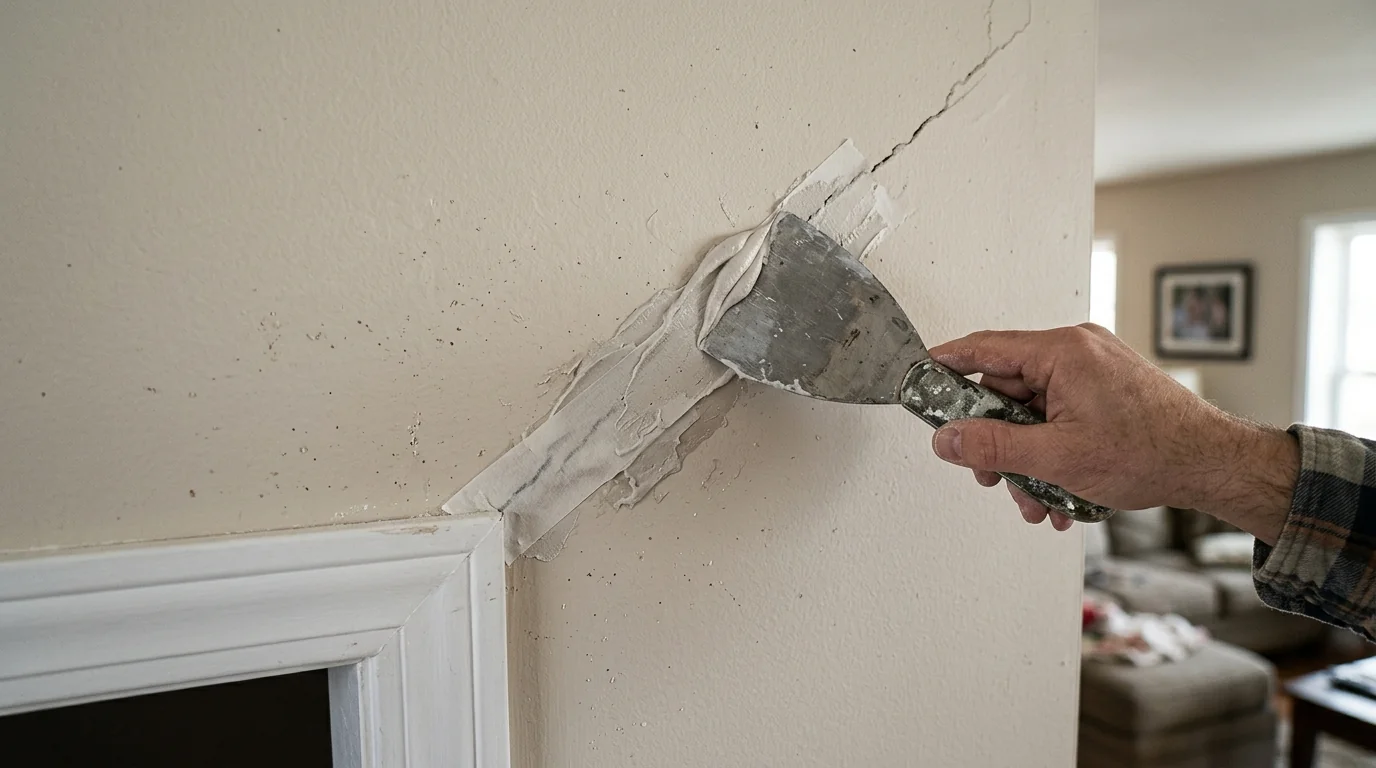 Crack above a door frame being taped with paper tape