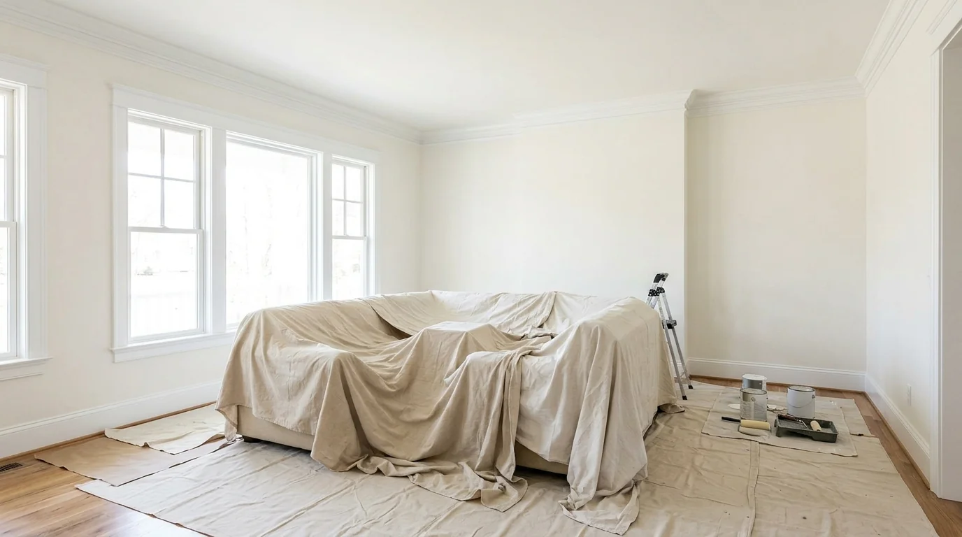 Freshly painted living room with white crown molding