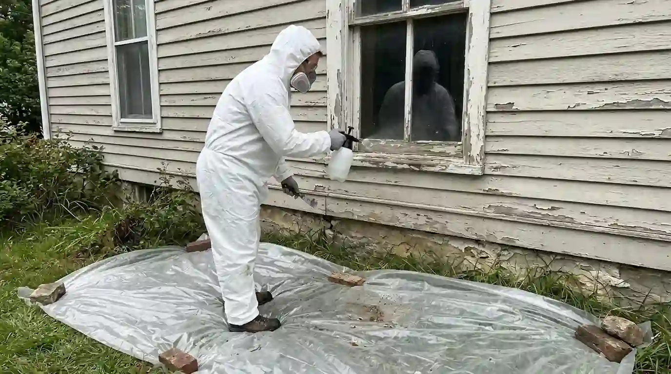 Old window sill misted before scraping, plastic laid below