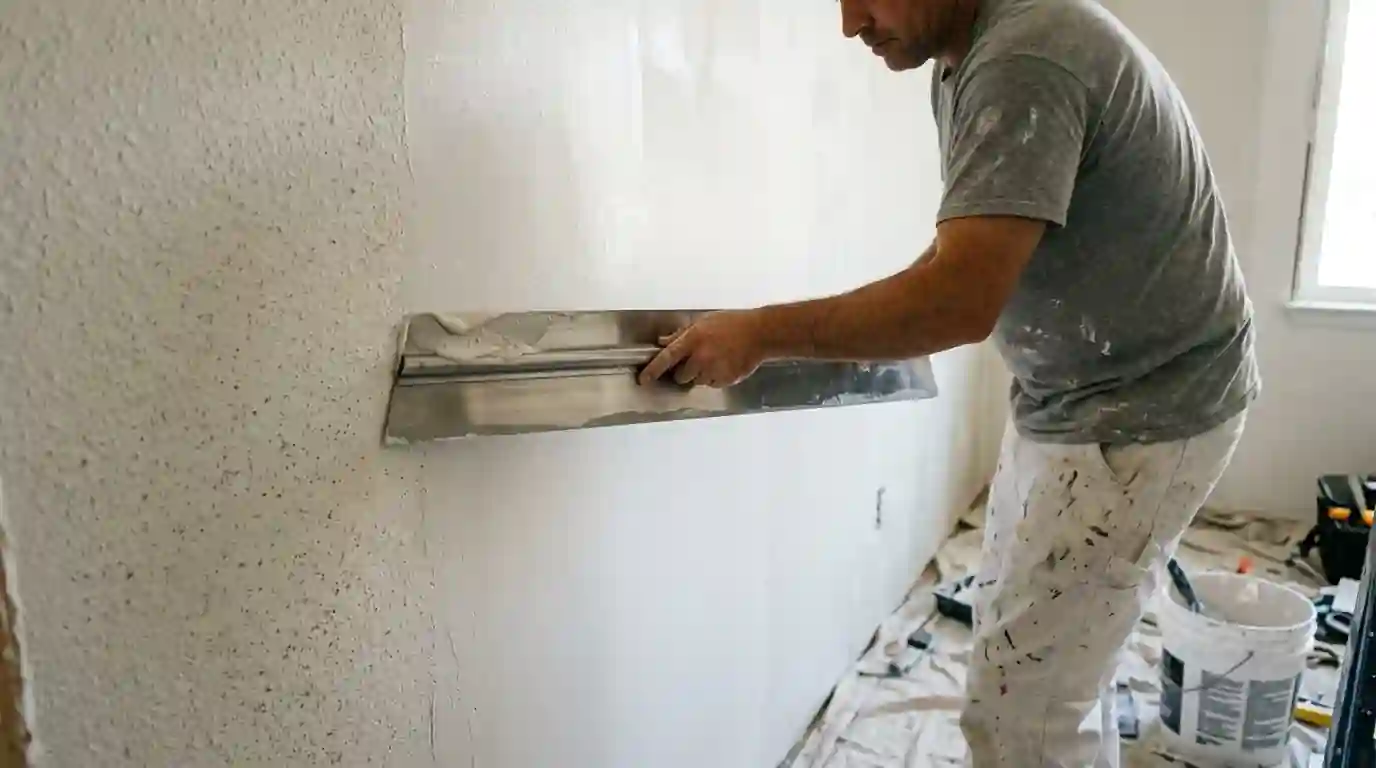 Troweling a skim coat over an orange peel wall