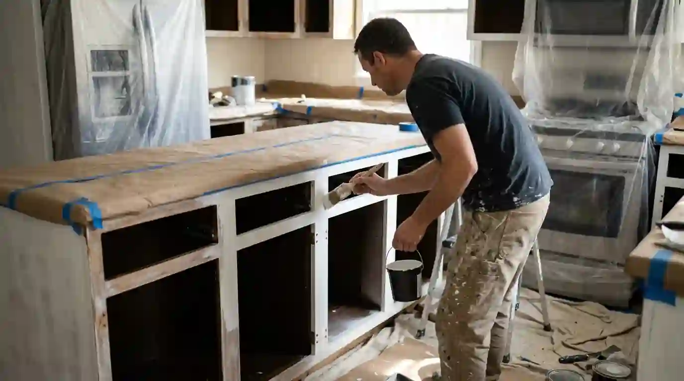 Painter brushing enamel onto kitchen cabinet face frames