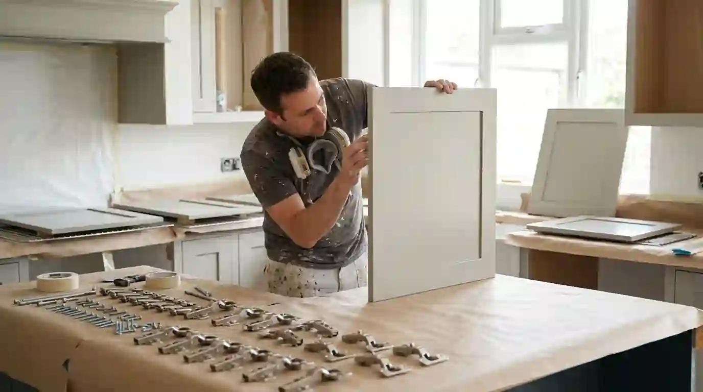 Freshly painted greige kitchen cabinets with hinges on the counter