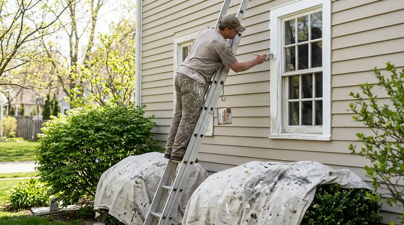 Painter brushing new paint onto window trim on a sided house