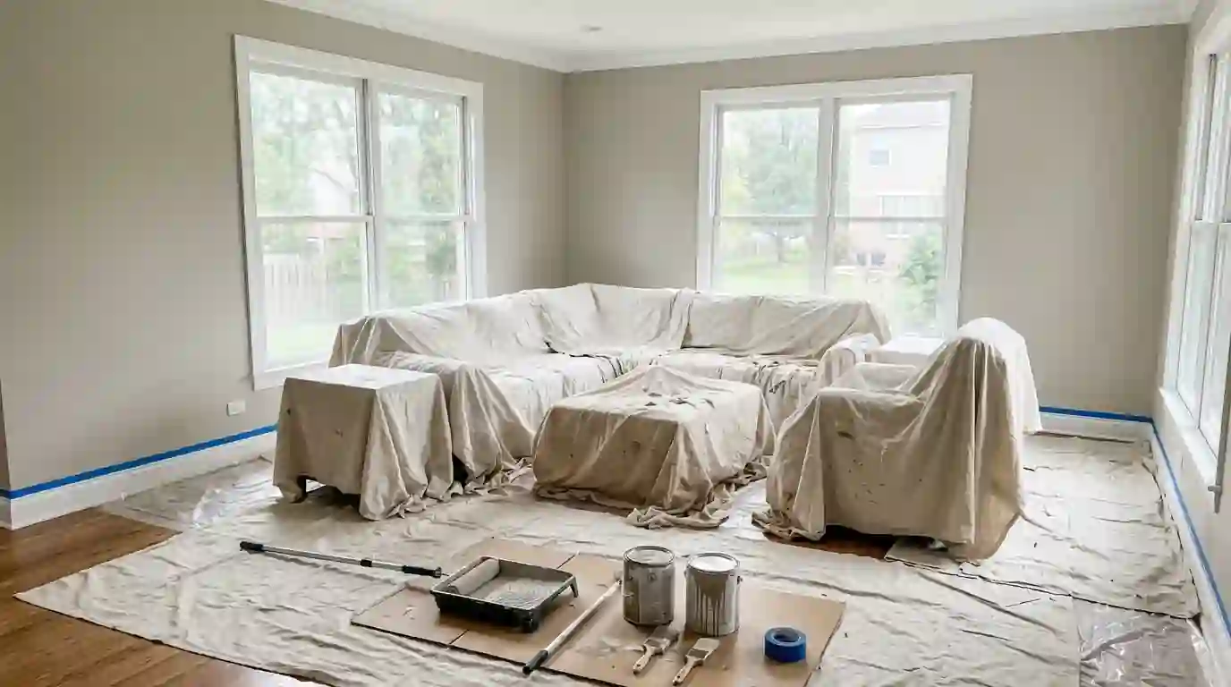 Freshly painted white ceiling meeting a pale gray bedroom wall