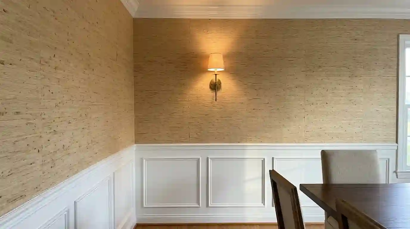 Natural grasscloth wallpaper above wainscoting in a dining room