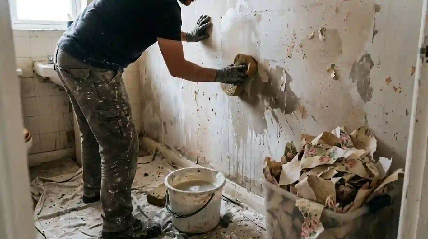 Washing old wallpaper paste off a bathroom wall