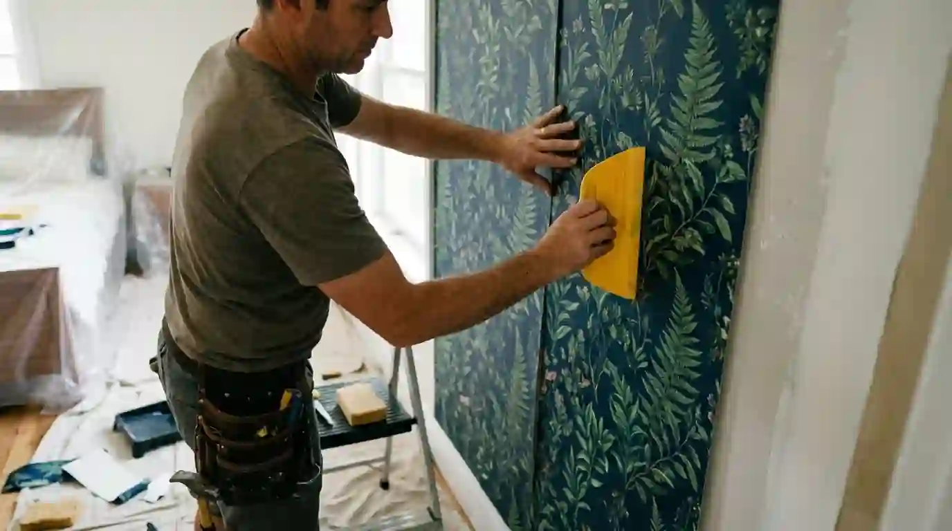 Smoothing a patterned wallpaper strip with the seam matched