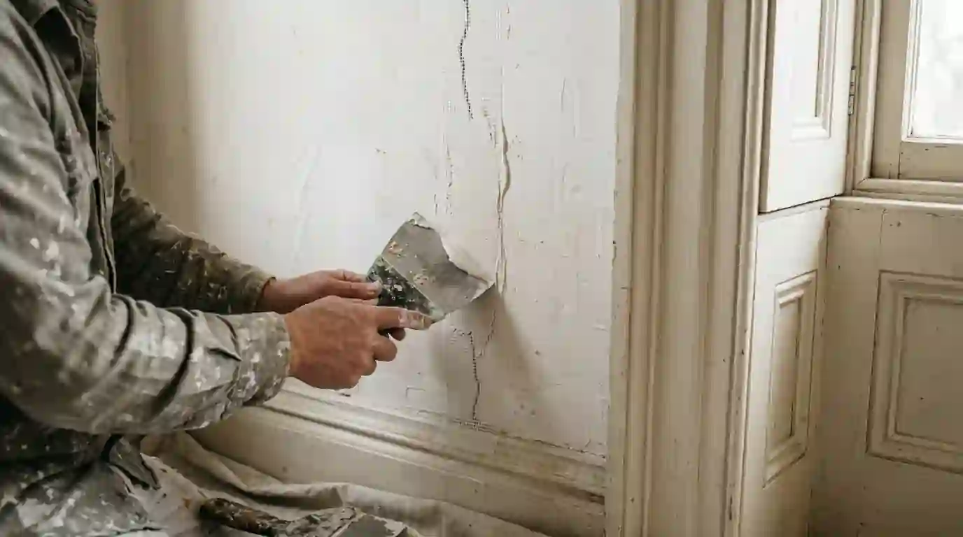 Taping a long crack in an old plaster wall