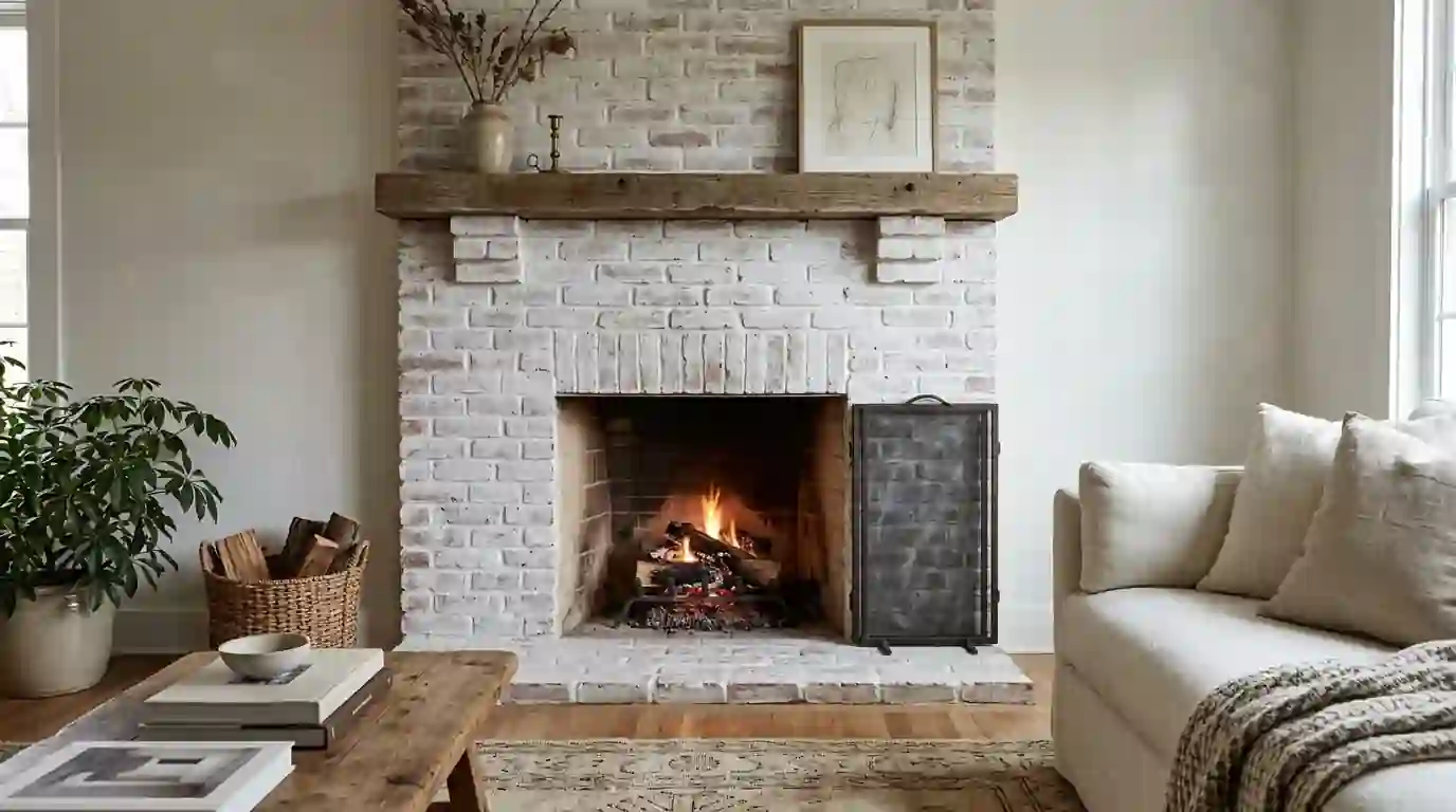 Brick fireplace finished in a soft white limewash