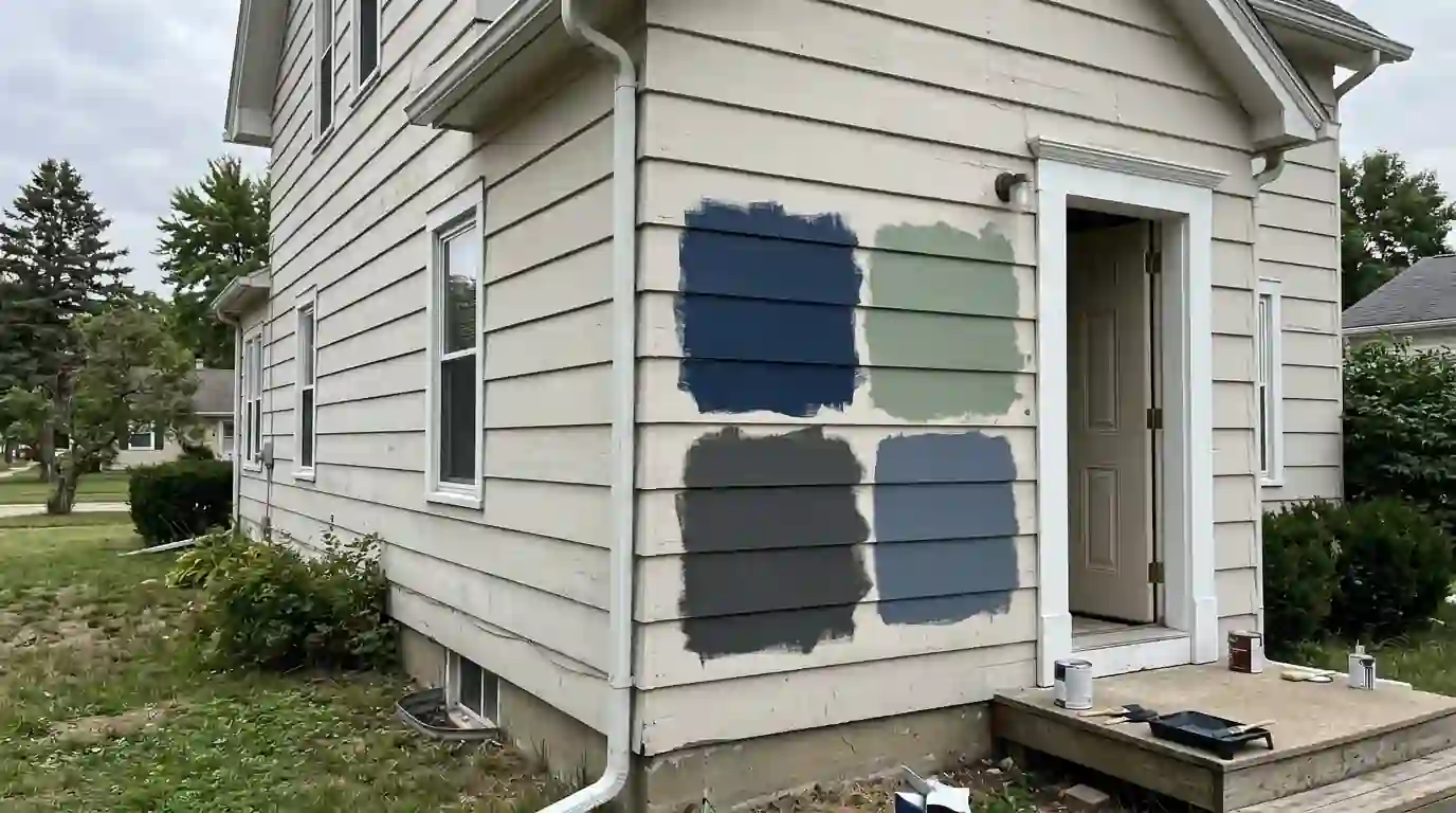 Test patches of siding colors beside a front door