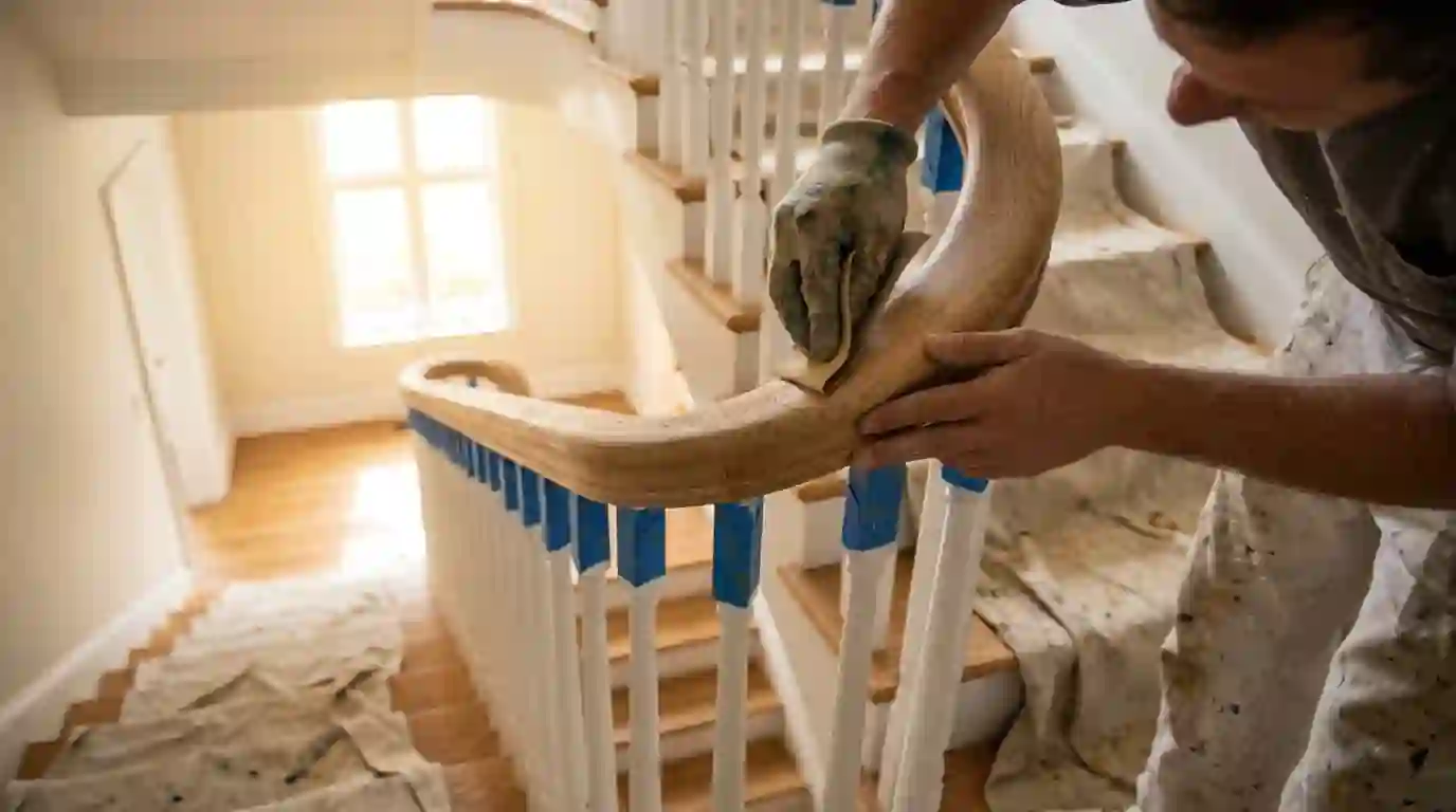 Painter hand-sanding a curved oak handrail