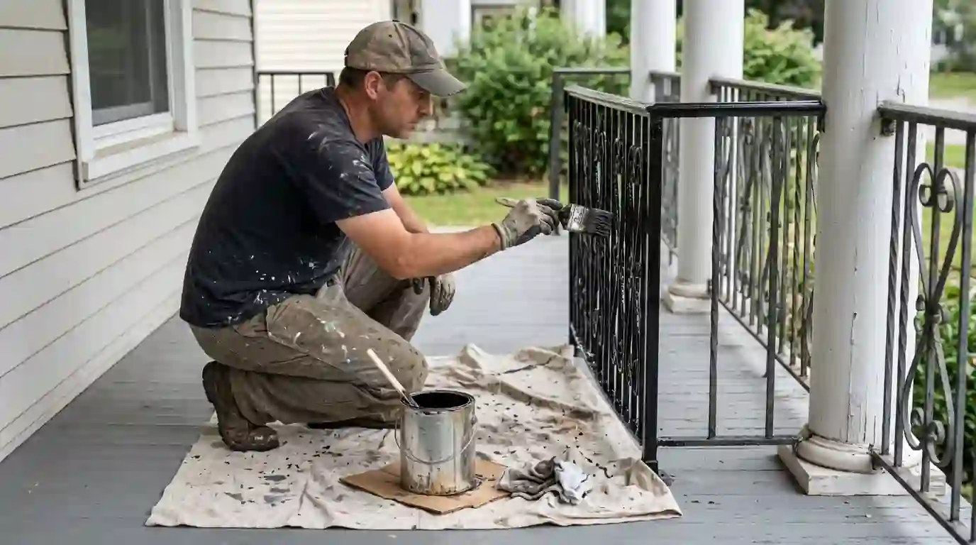 Painter brushing black enamel onto an iron porch railing