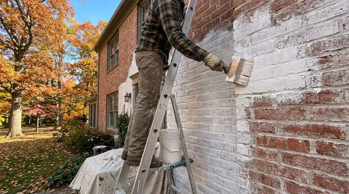 Brick house exterior being limewashed in soft white