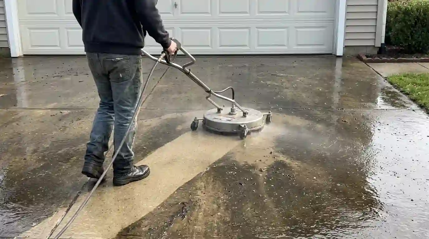 Surface cleaner leaving a clean stripe on a driveway