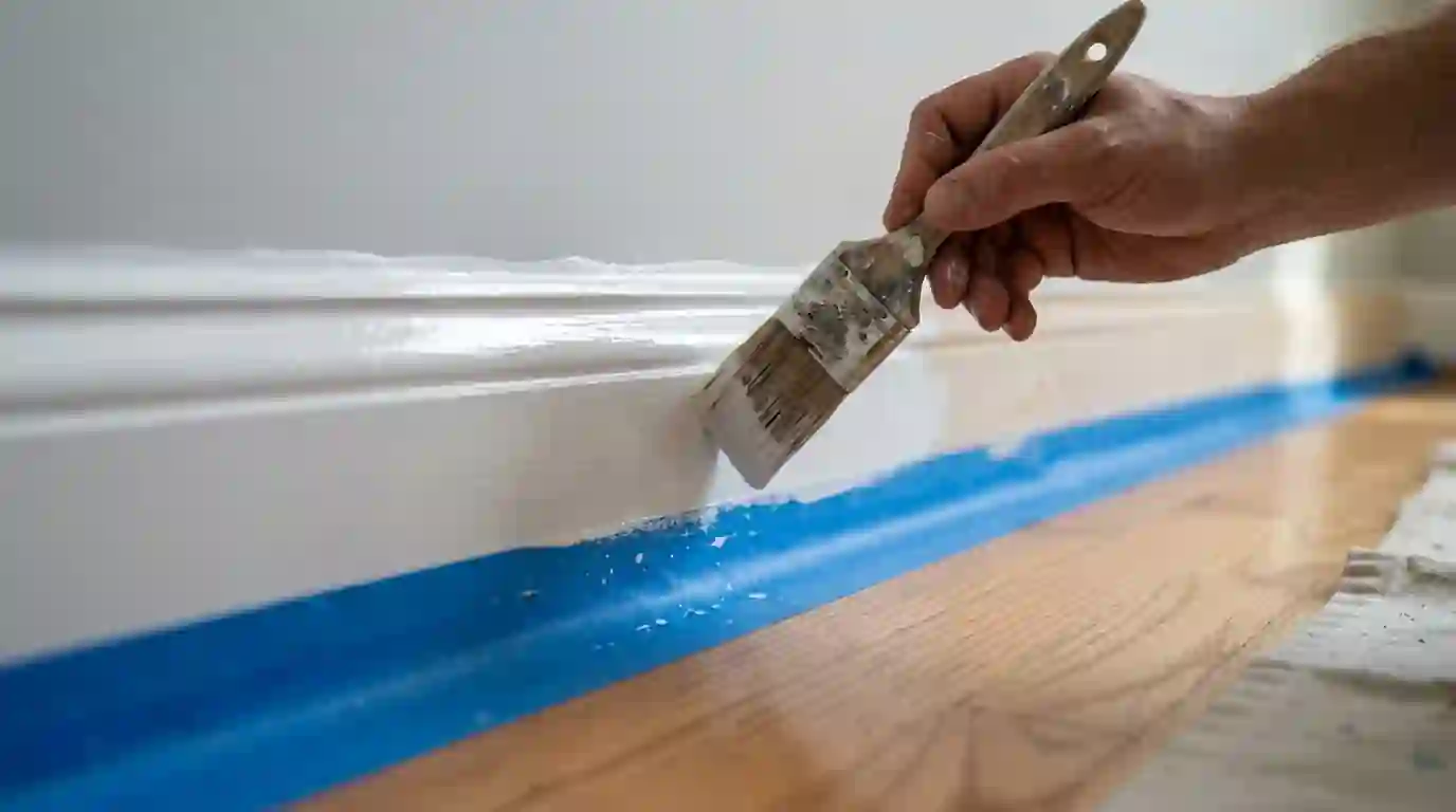 Painter brushing enamel onto a baseboard along hardwood