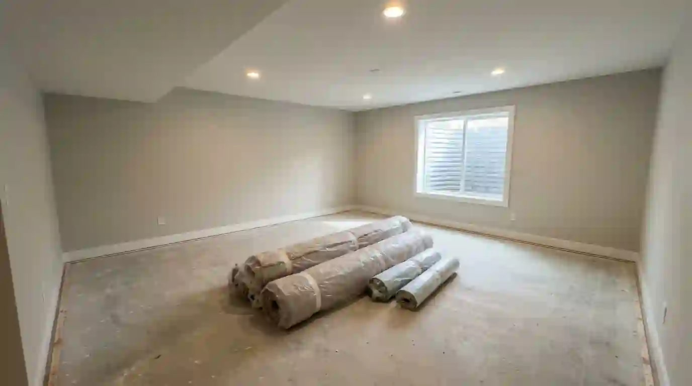 Freshly painted finished basement before the carpet goes in