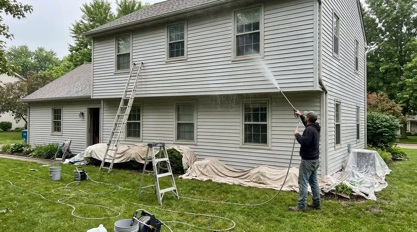 Painter soft washing house siding before a repaint