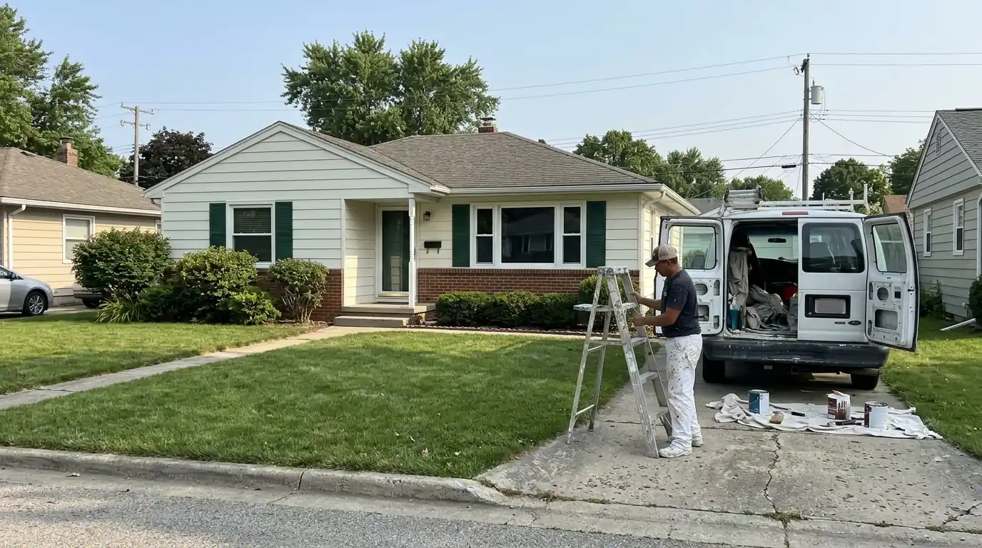 Older suburban house with freshly painted siding and shutters