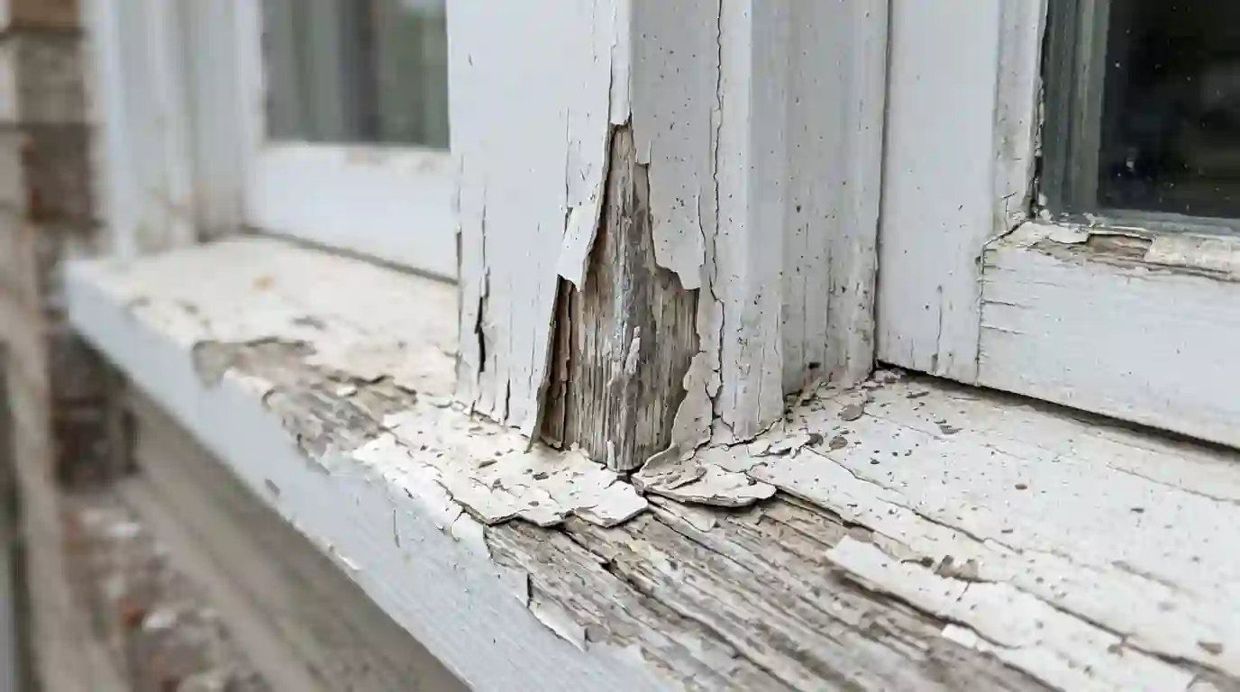 Peeling paint at the corner of an exterior window sill