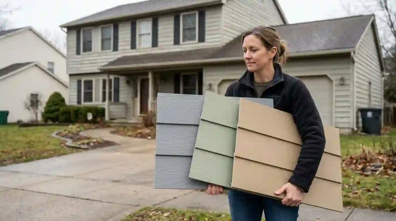Large color samples held against siding for an HOA request