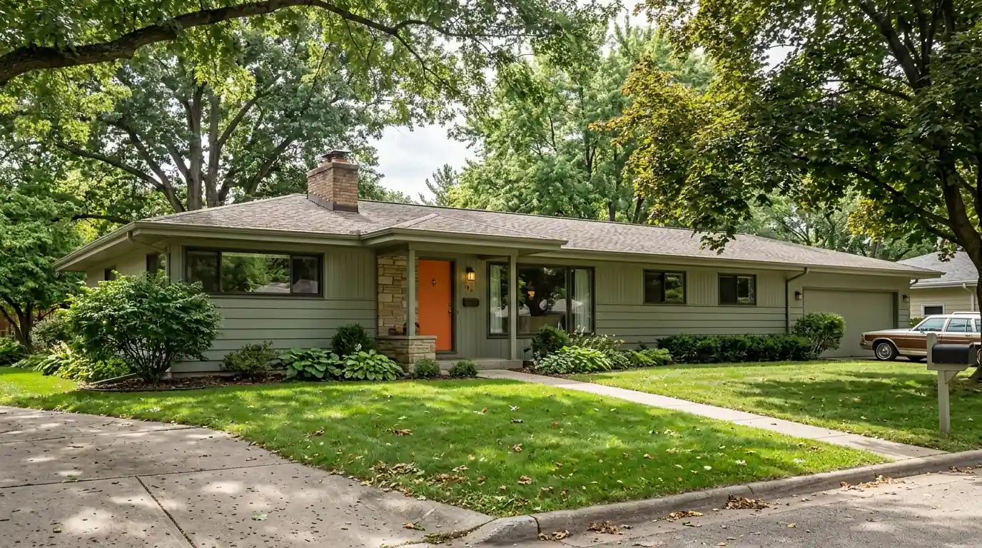 Mid-century ranch house with a long, low roofline