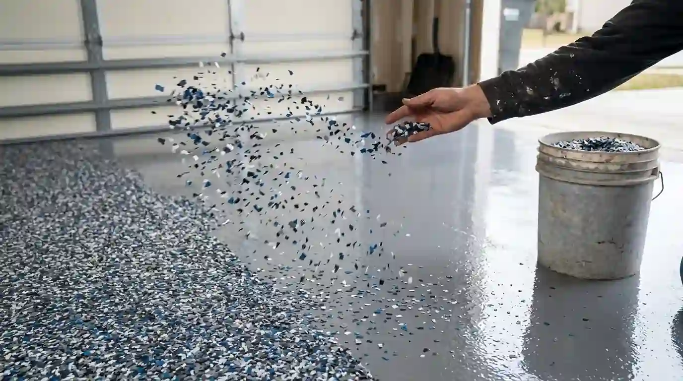Colored flakes being broadcast onto a wet base coat