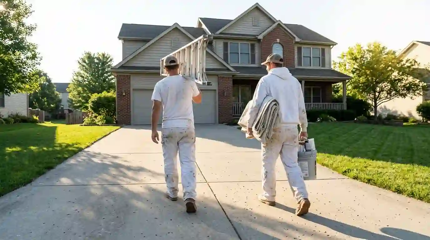 Two painters carrying a ladder and drop cloths to a house