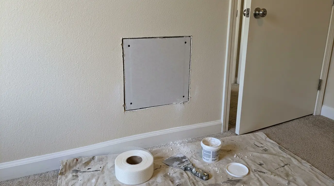 Doorknob hole cut square and patched with new drywall