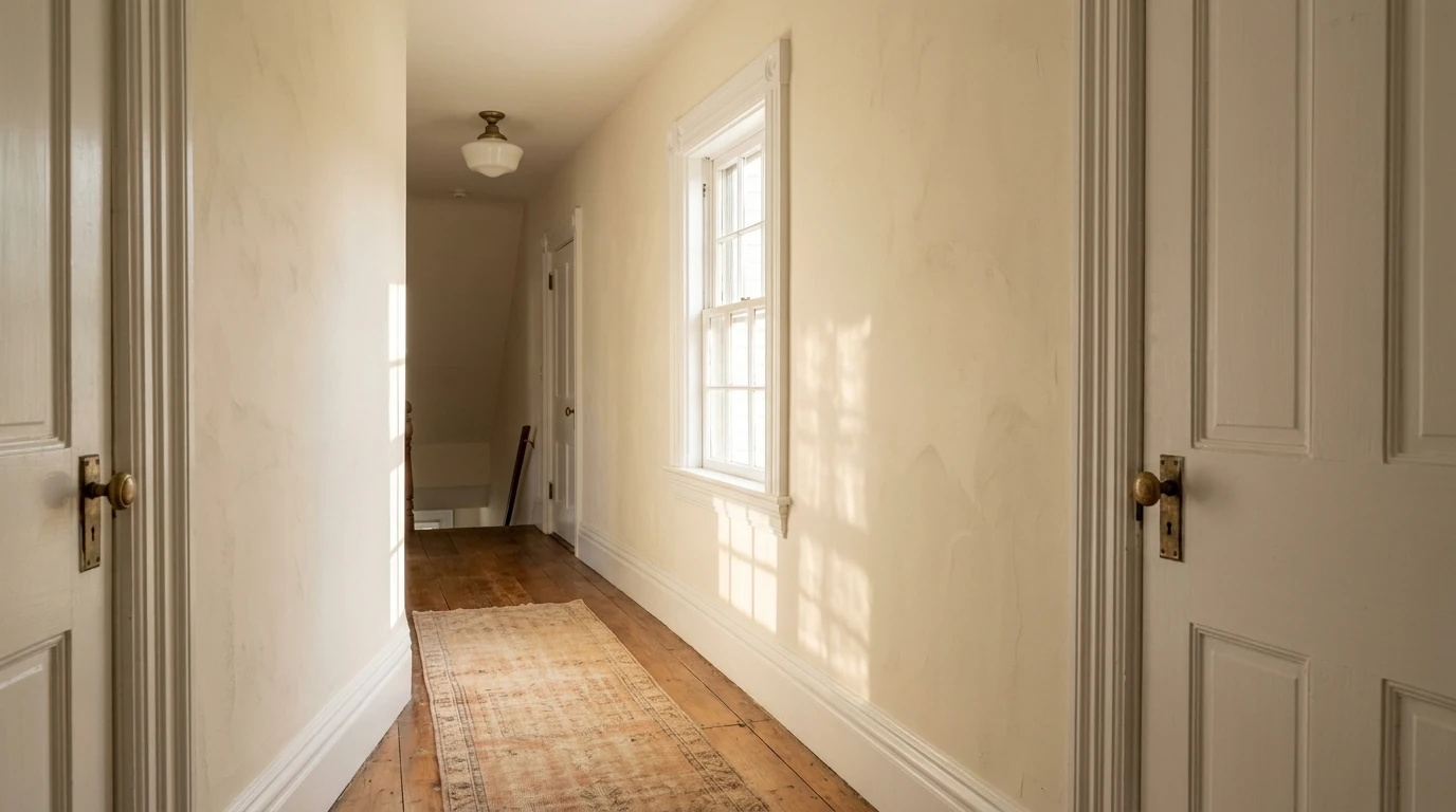 Older hallway with repaired plaster walls freshly painted cream