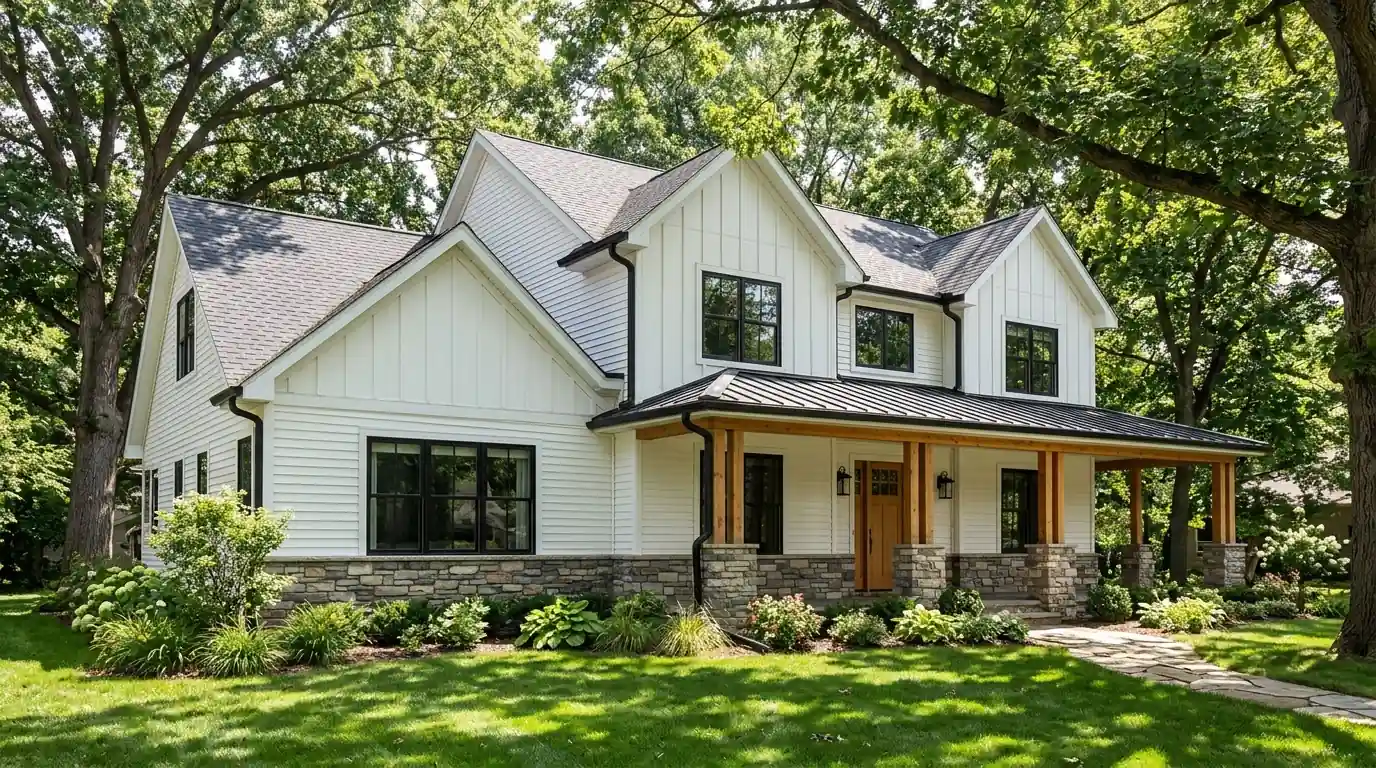 White modern farmhouse with black windows and a stone base