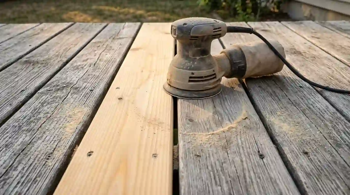 Deck board halfway sanded back to fresh pale wood