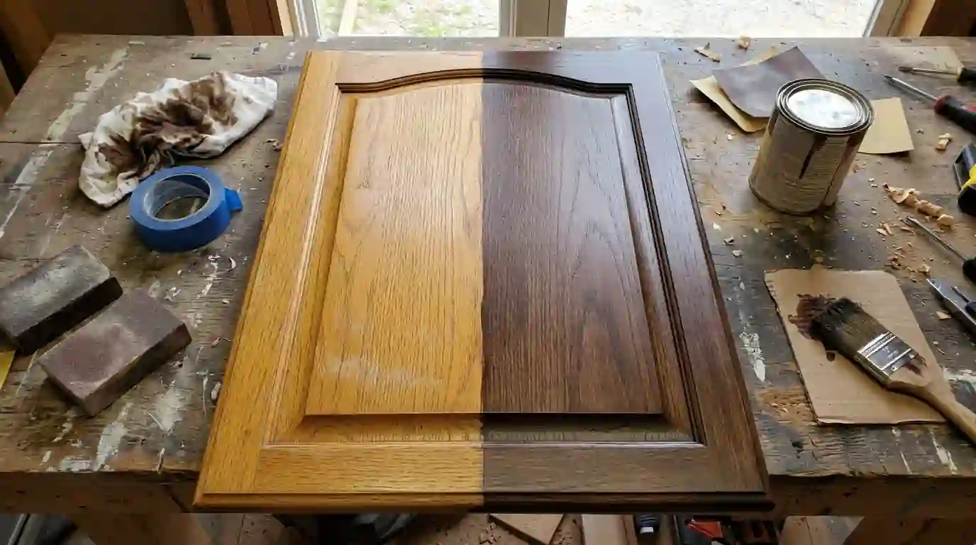 Cabinet door showing original oak beside a darker restain