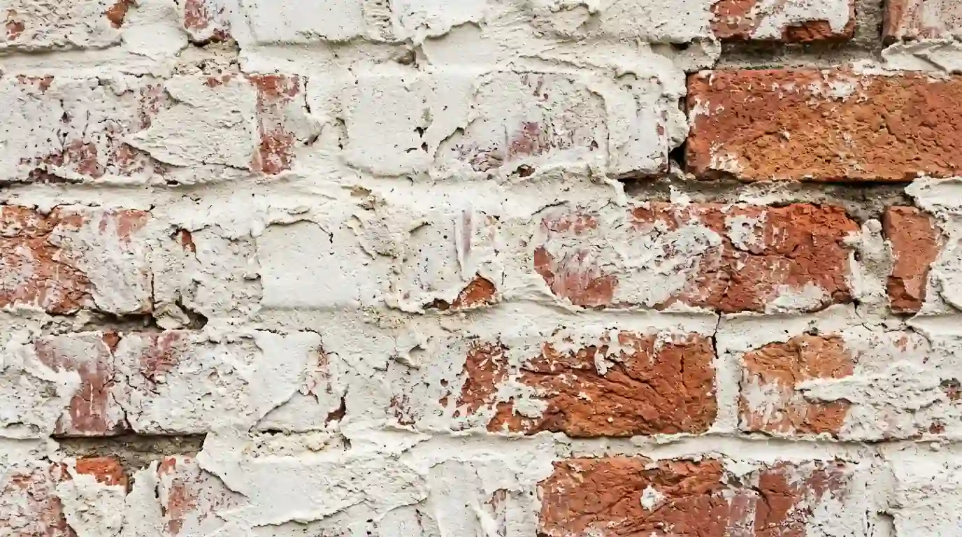 Rustic mortar wash over red brick with brick showing through