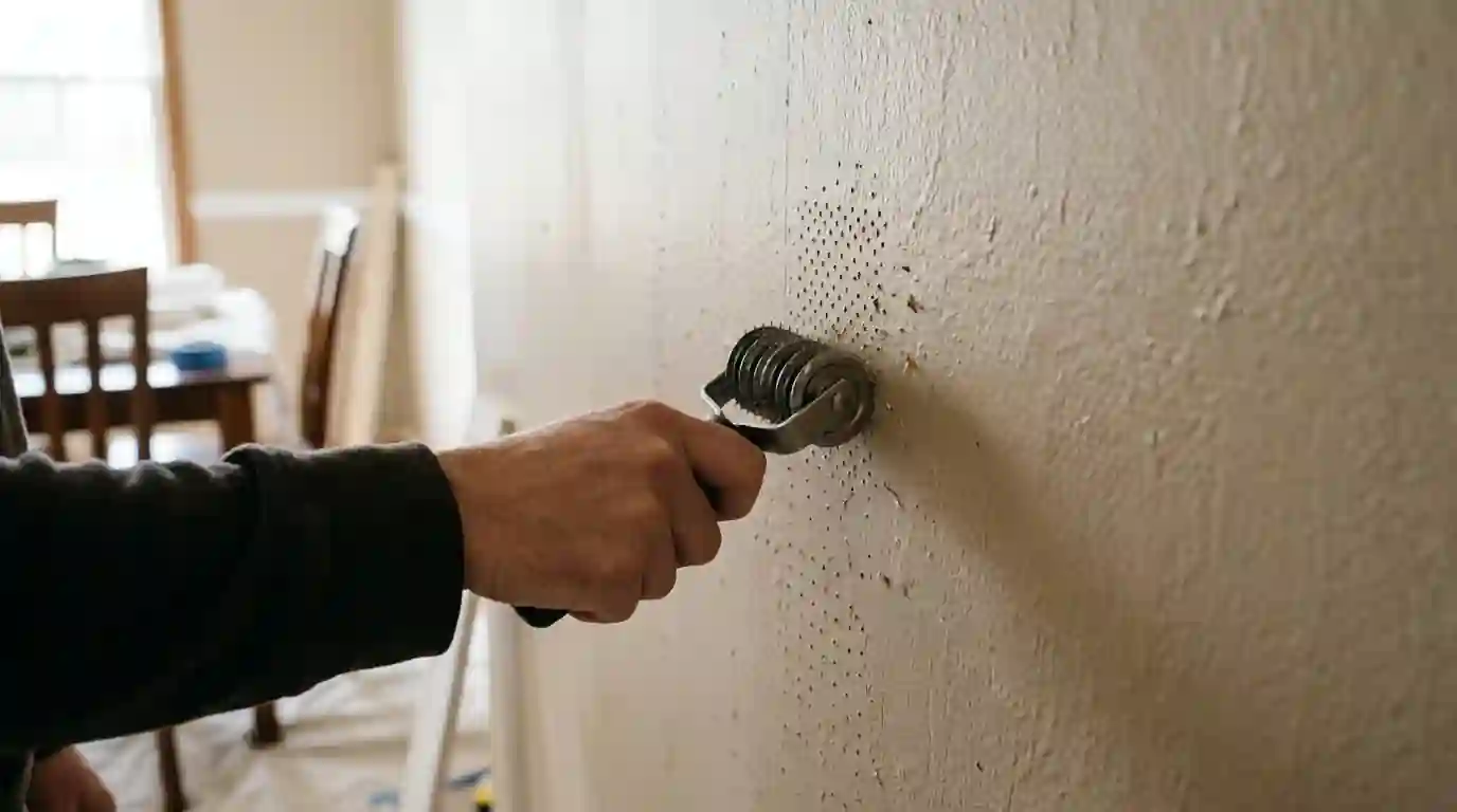 Scoring painted-over dining room wallpaper before steaming it