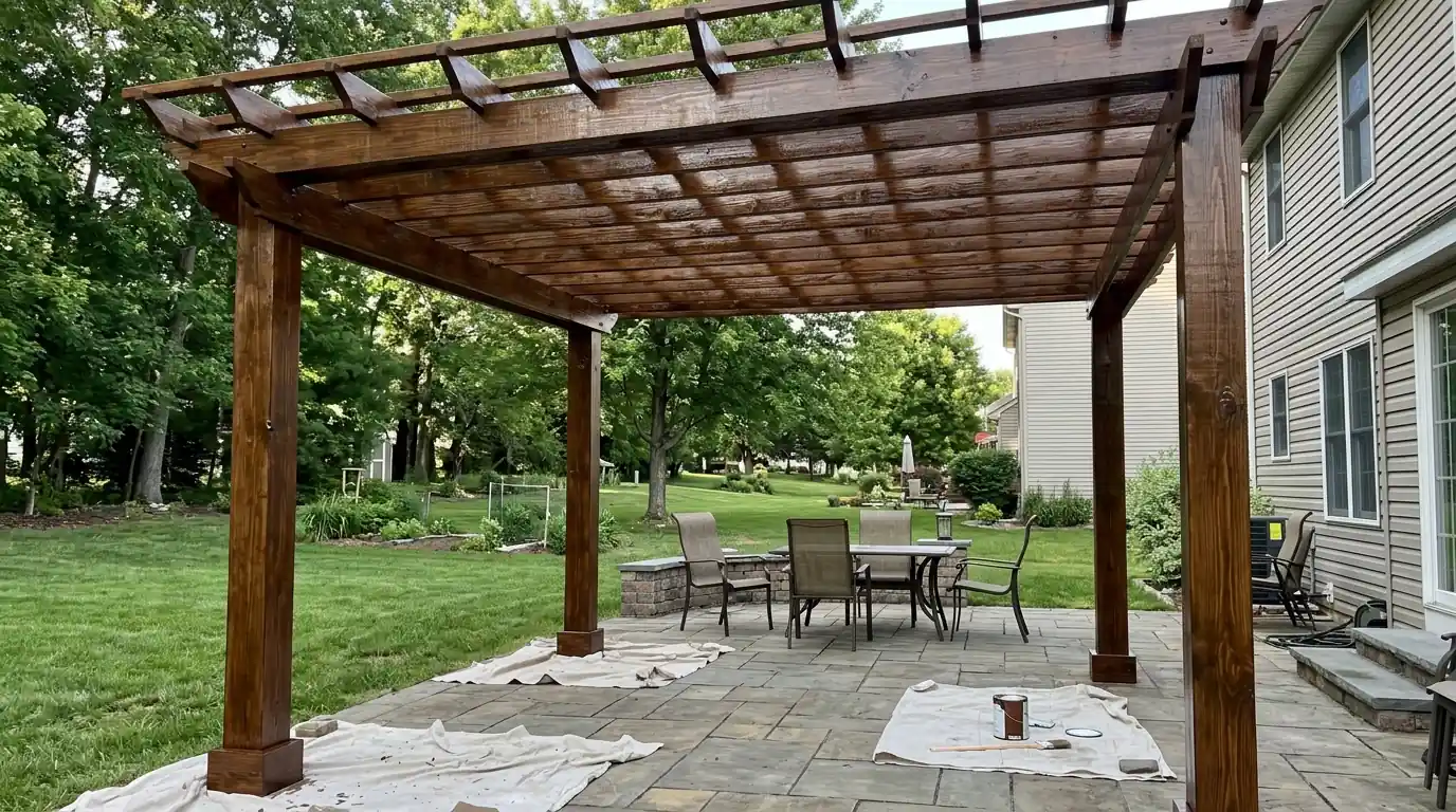 Pergola rafters and posts freshly stained over a patio