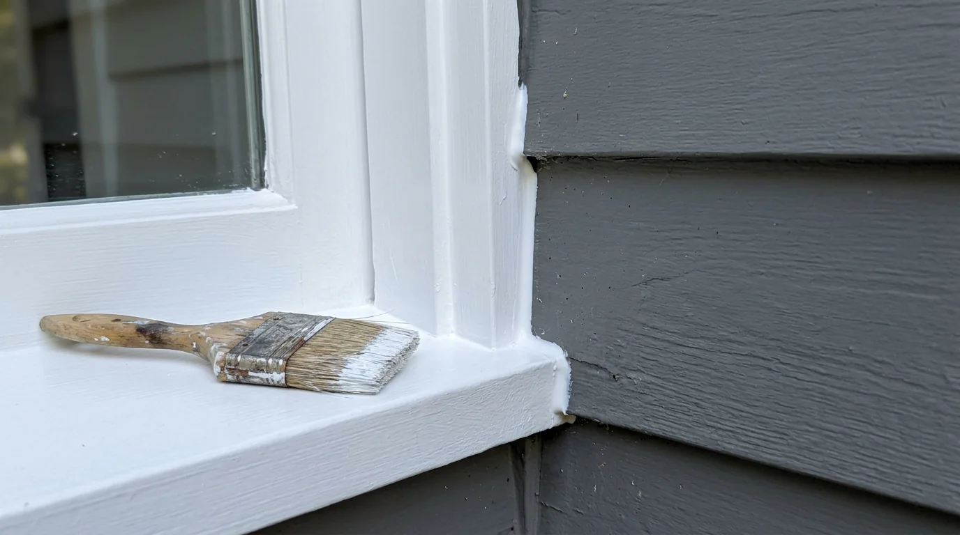 Freshly caulked and painted window trim on gray siding