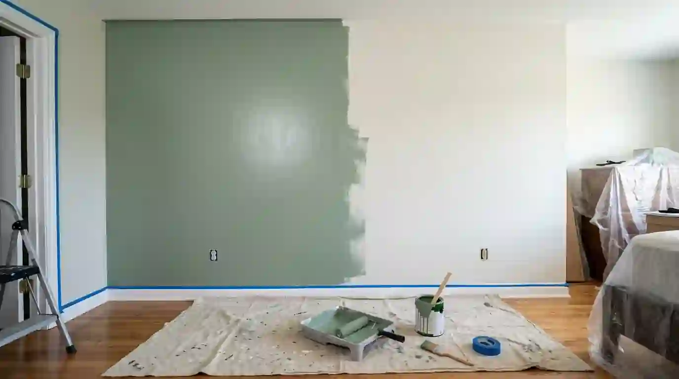 Bedroom wall halfway through a sage green repaint