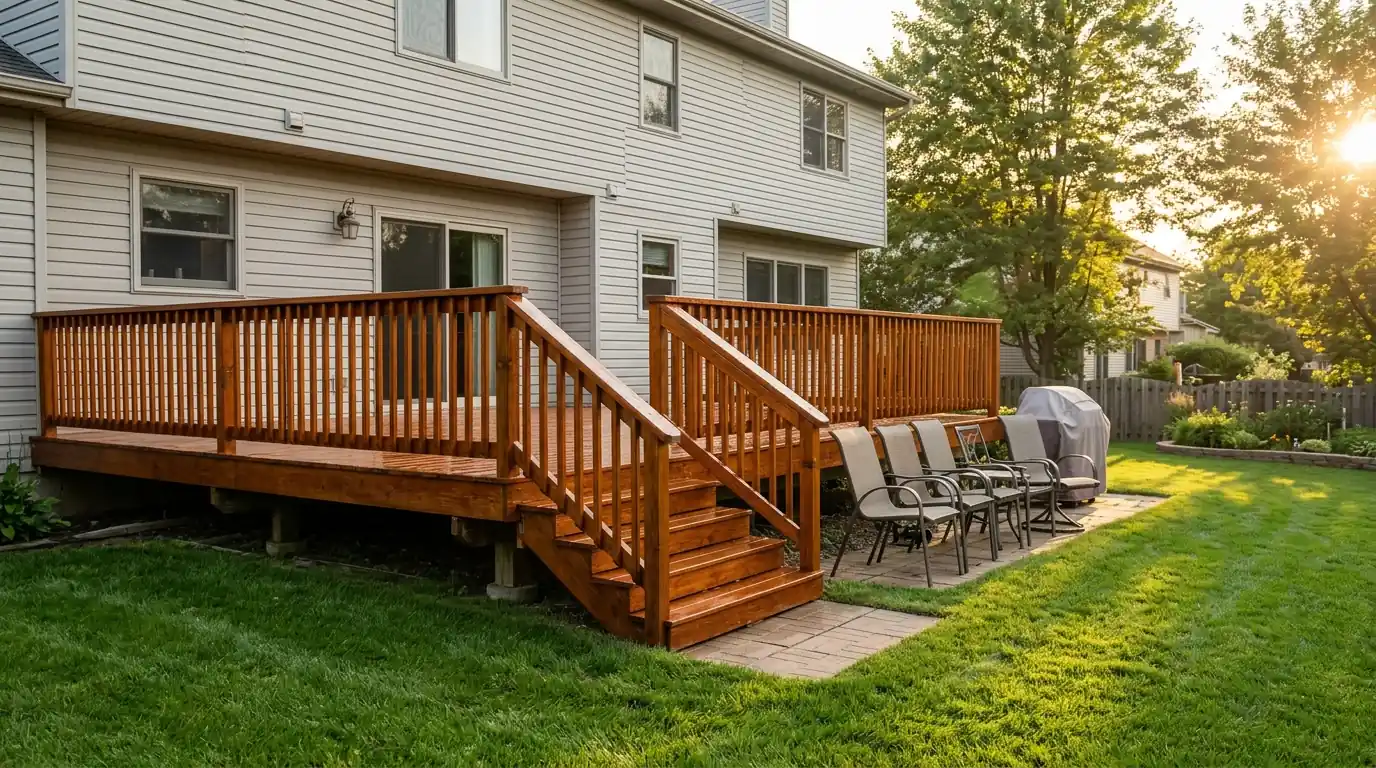 Freshly stained backyard deck behind a two-story house
