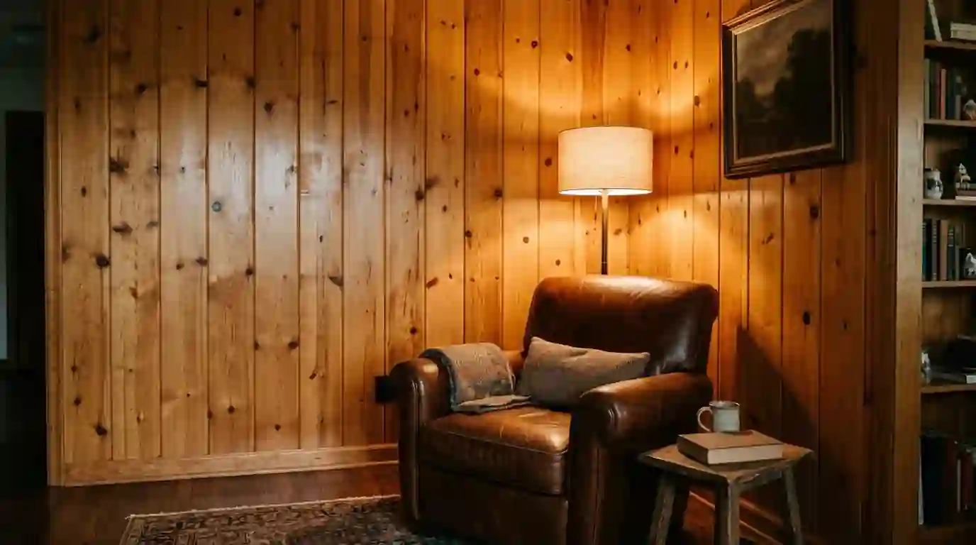Knotty pine den paneling with a fresh clear satin coat